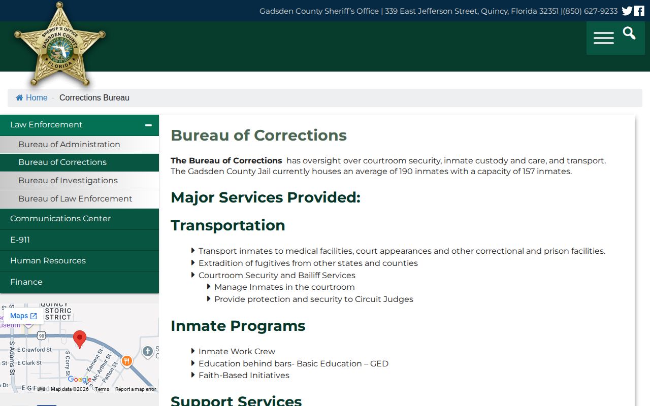 Gadsden County Jail release records and official corrections contact page