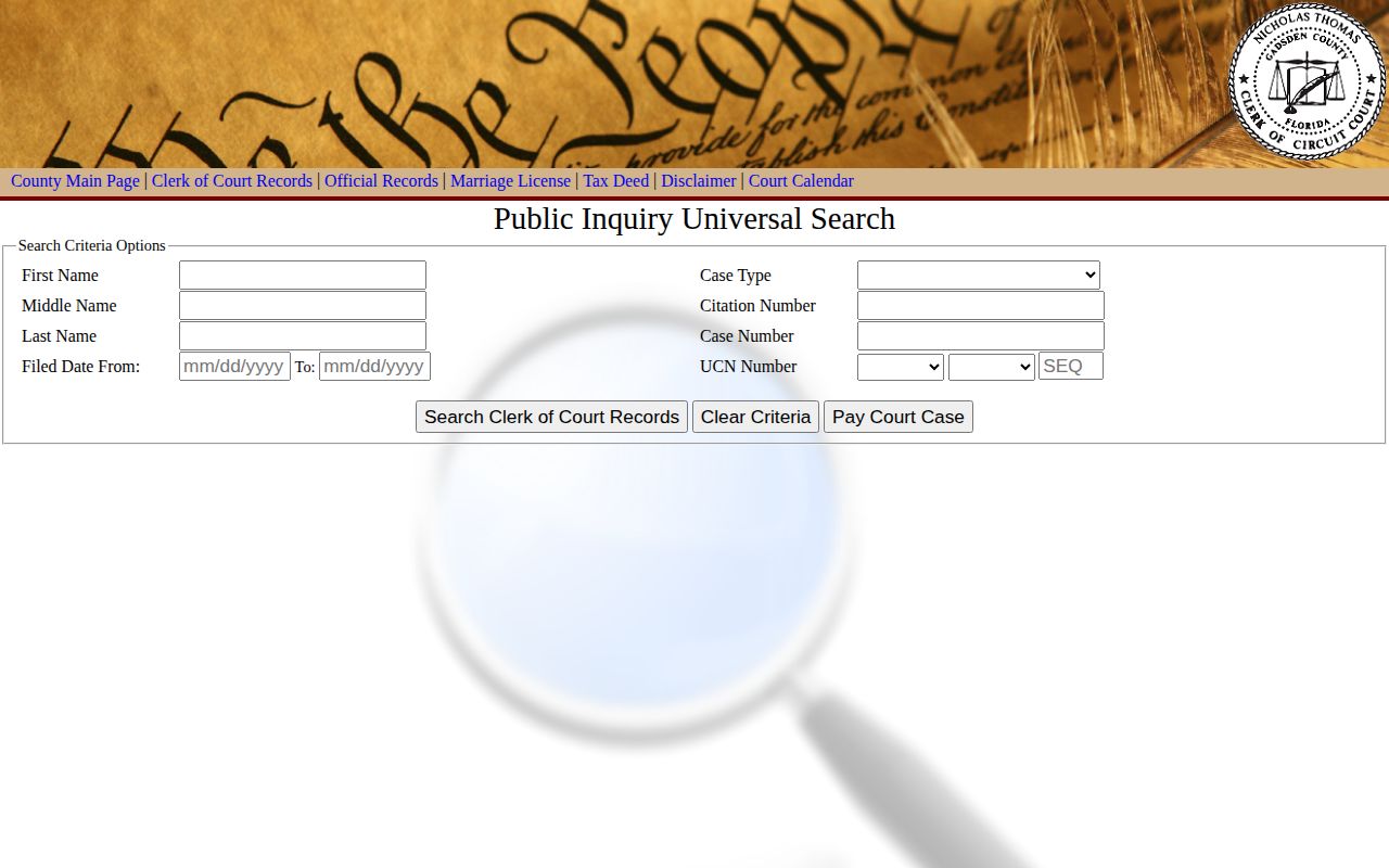 Gadsden County release record CourtScribe search fields