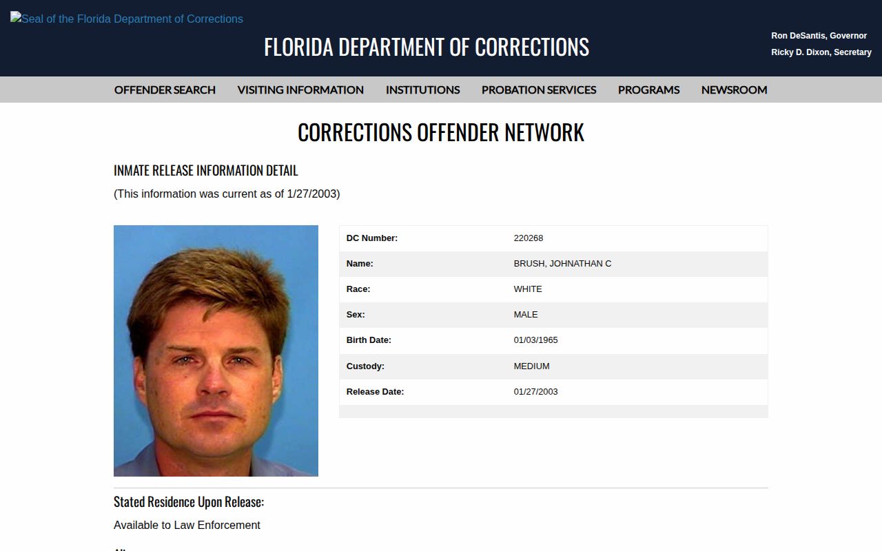 Gadsden County release date research example with FDC out-custody fields