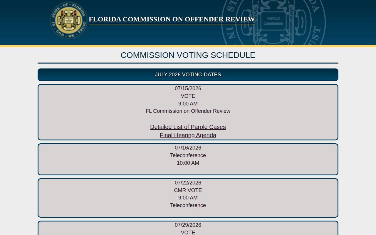 Gadsden County parole voting schedule and supervision calendar