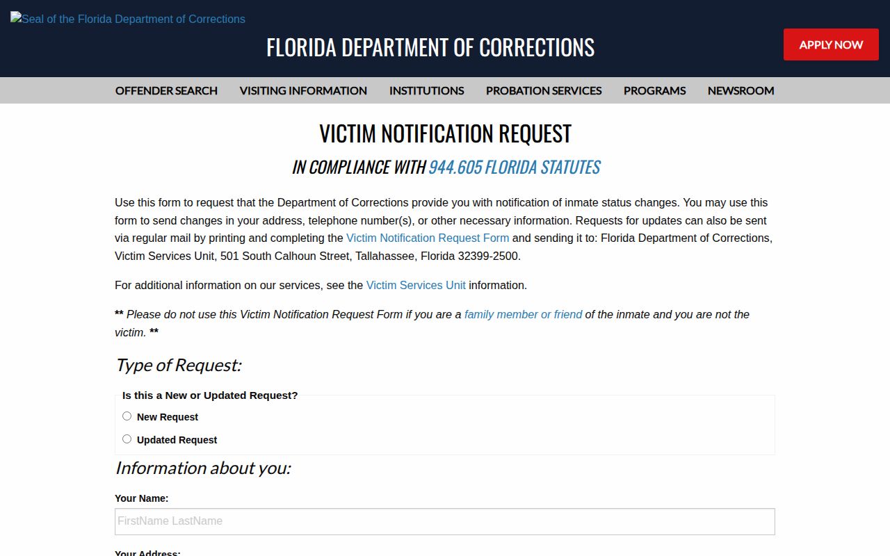 FDC notification form for Gadsden County state-prison release and movement events