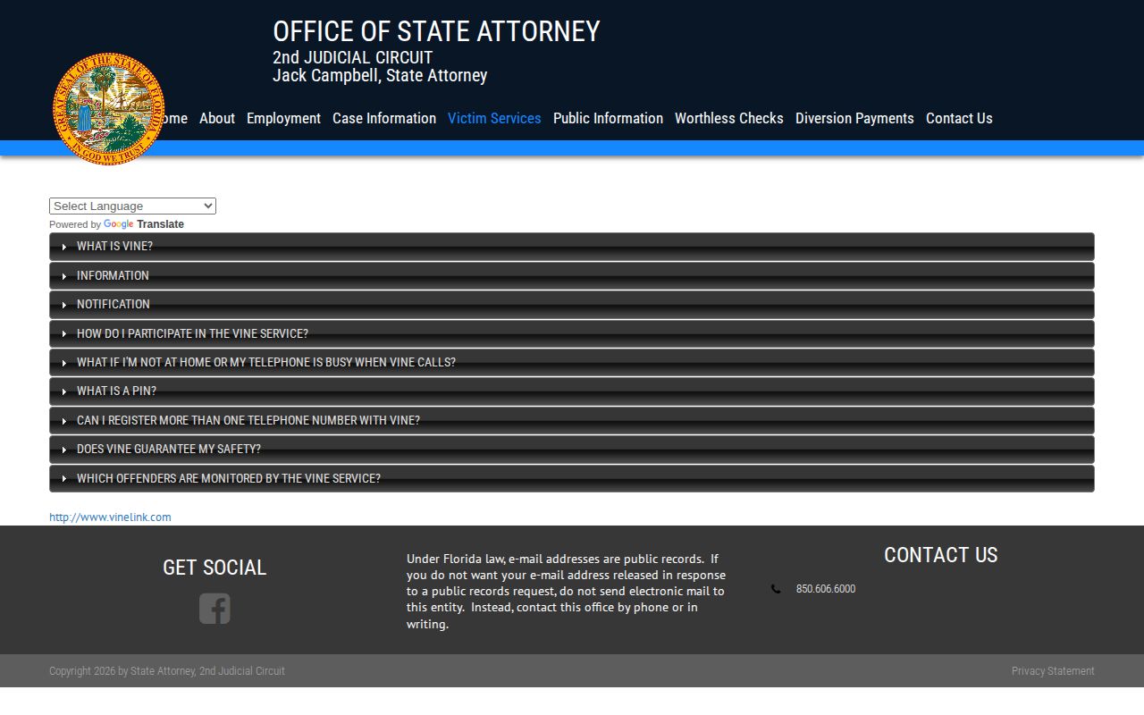 Florida VINE registration and PIN guidance for Gadsden County release alerts